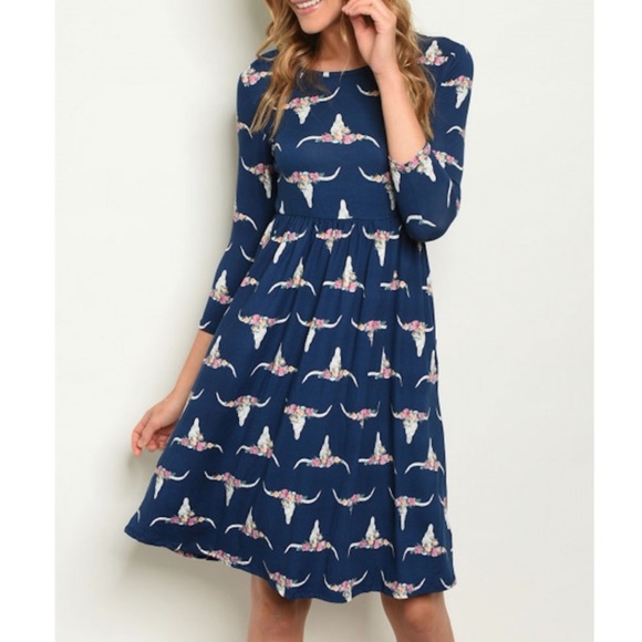 Navy Bull Skull Floral Print 3/4 Sleeve Dress - Picture 1 of 3